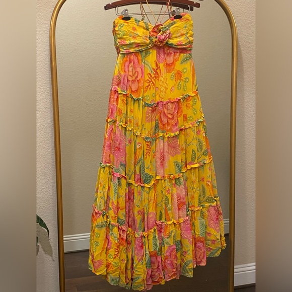 FARM Rio Macaw Bloom Gold and Pink Ruffled Tiered Maxi Dress Size M - Picture 6 of 16